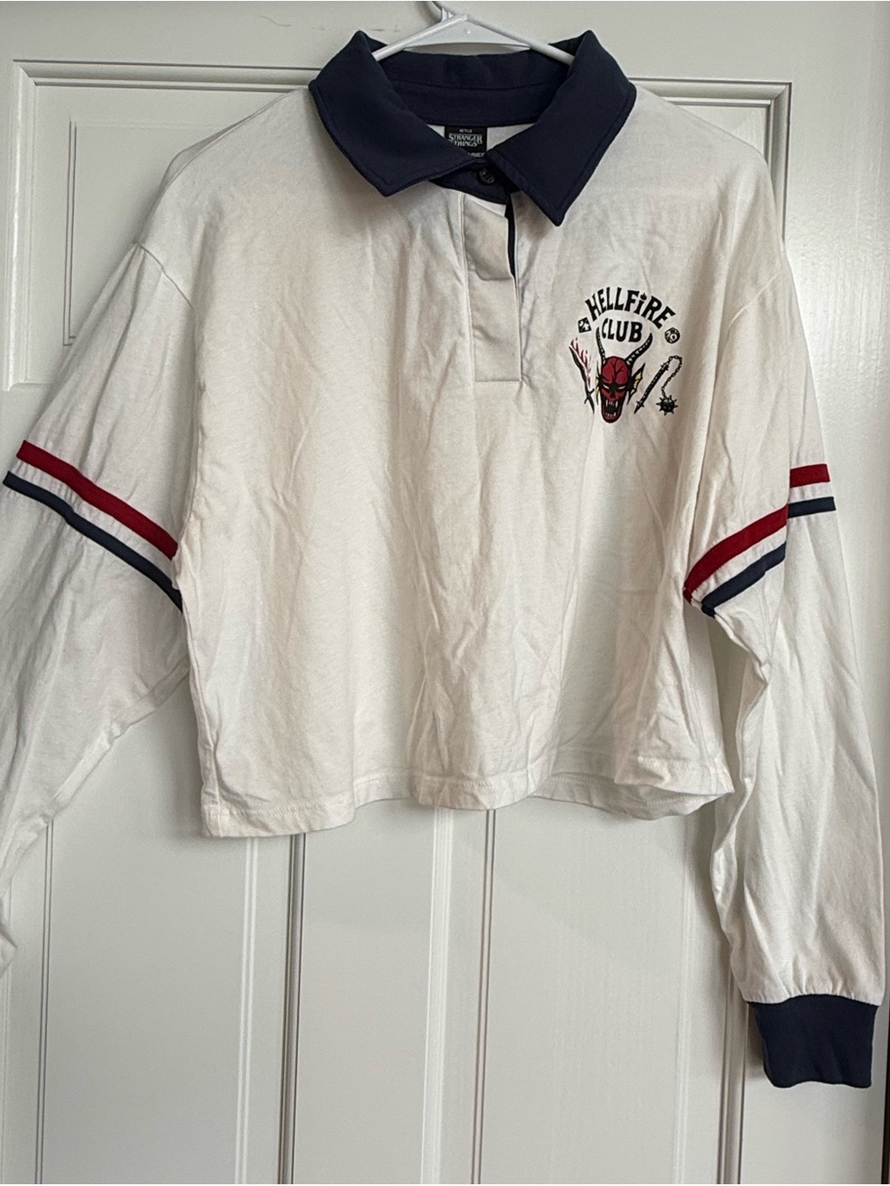 No Boundaries White Long-Sleeve Polo with Navy Collar & Red Stripe